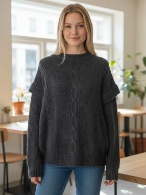 NWT Elan Black Cable Knit Ruffle Sweater S
